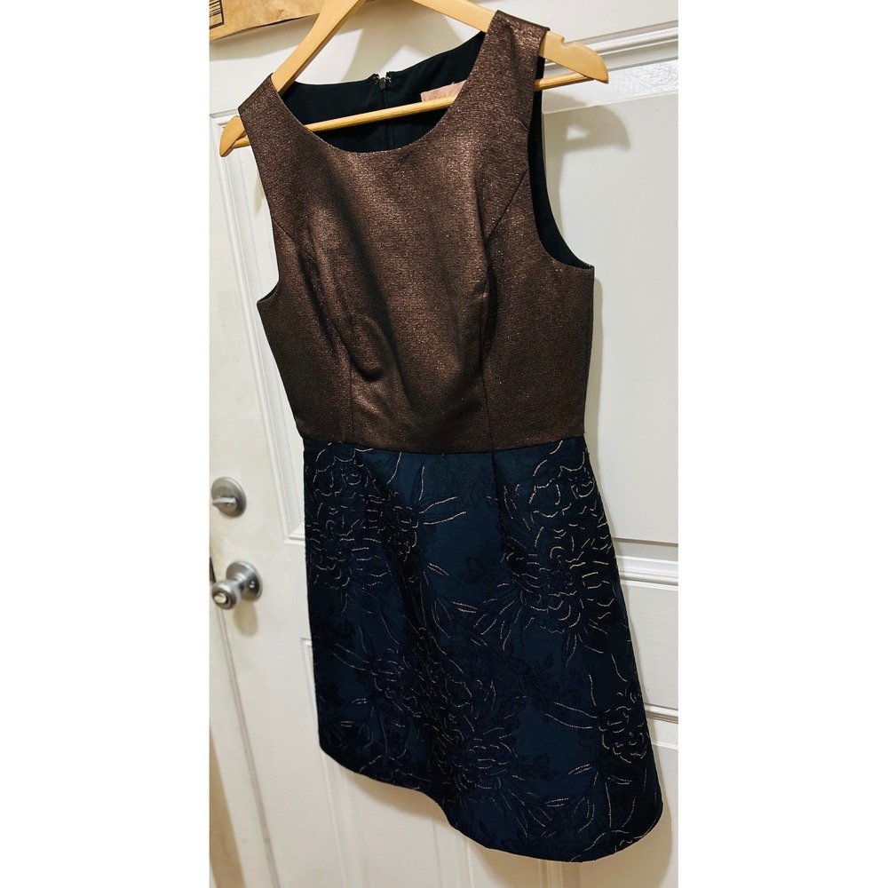 Anthropologie Hutch‎ Lina Metallic Floral Fit Flare Dress Bronze Navy Size 10 - Picture 5 of 9